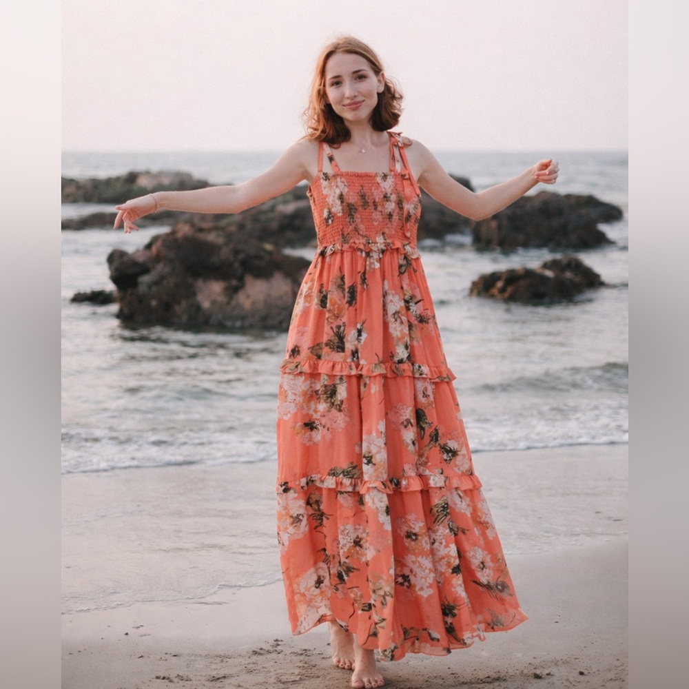 Stylish Nature Floral Coral Maxi Dress